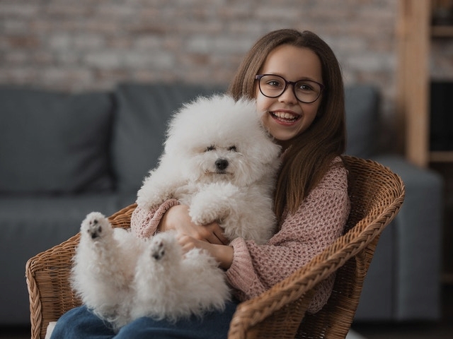 a little girl holding a dog